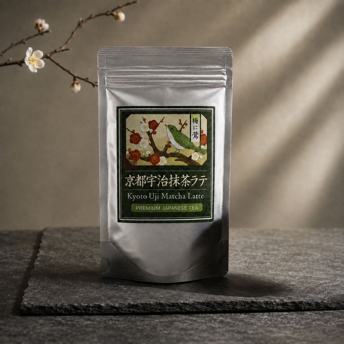 京都宇治抹茶ラテ「梅に鶯」150g のパッケージ。梅の枝にとまる鶯を描いたラベルのシルバーのスタンドパウチが、白梅の枝を添えて黒い石板の上に置かれている
